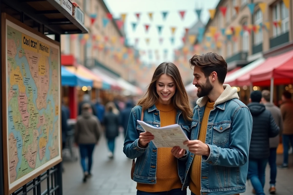 Jeune couple consultant une carte interactive de braderie à l'entrée d'un marché aux puces urbain, ambiance week-end animé en automne