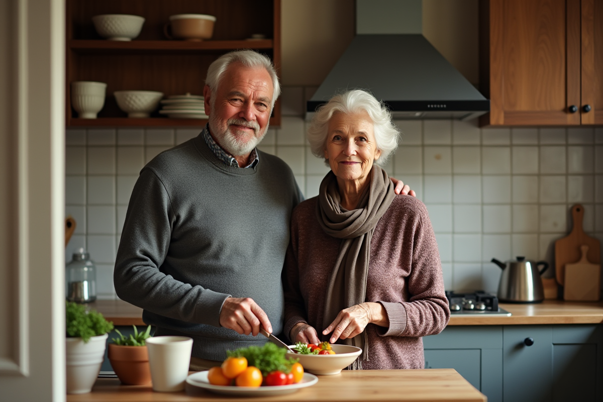 Couple âgé préparant un repas dans leur cuisine chaleureuse
