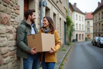Jeune couple emménageant dans une maison à Sarralbe, tenant des cartons de déménagement dans une rue typique de Lorraine