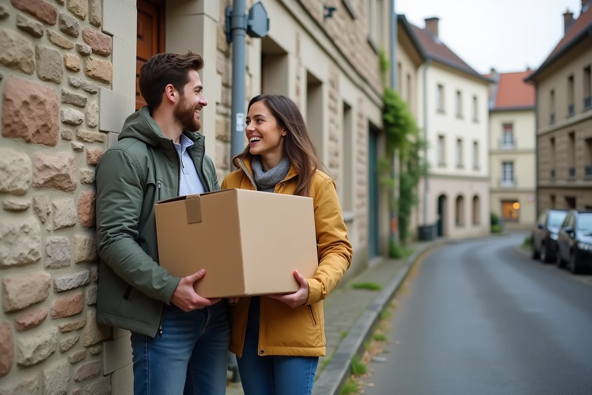 Jeune couple emménageant dans une maison à Sarralbe, tenant des cartons de déménagement dans une rue typique de Lorraine