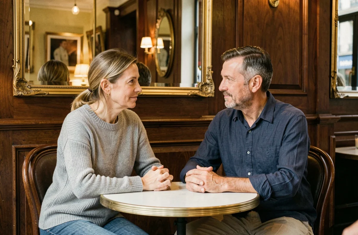 Couple discret attablé dans une brasserie parisienne, ambiance intime et authentique illustrant une relation de longue date