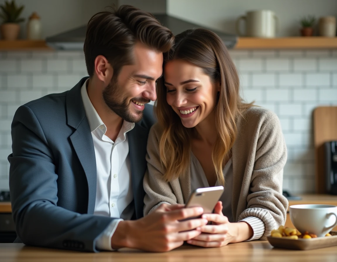 Couple complice dans la cuisine échangeant un message tendre avant le départ au travail