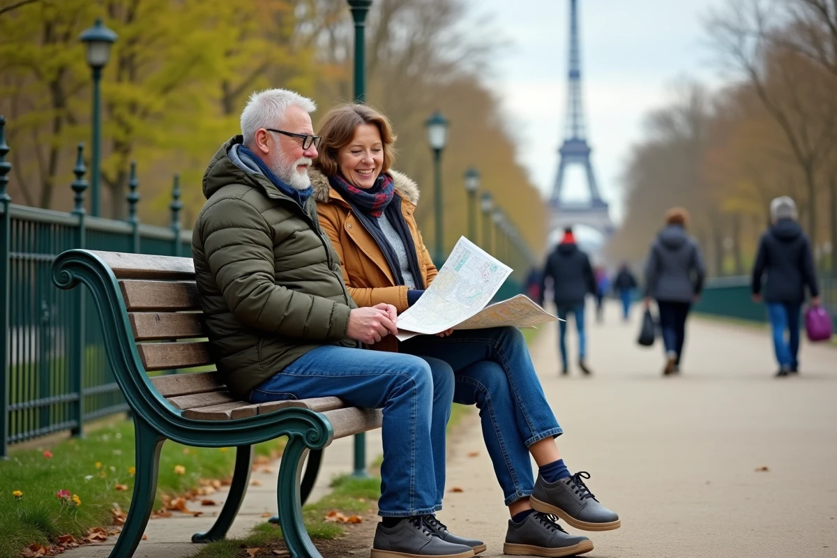 Couple de voyageurs consulte une carte dans un parc parisien