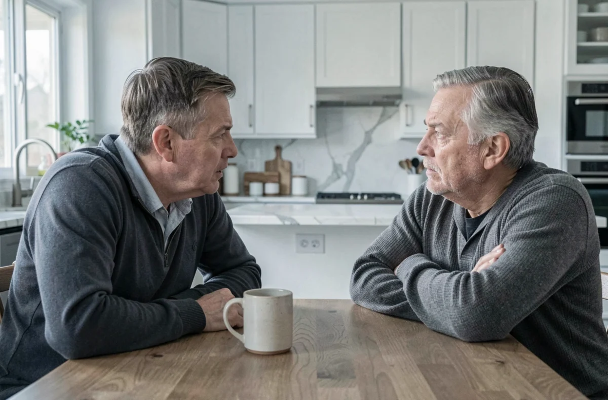 Couple quinquagénaire en conversation tendue à une table de cuisine, symbolisant les enjeux psychologiques et relationnels de retrouver un amour de jeunesse