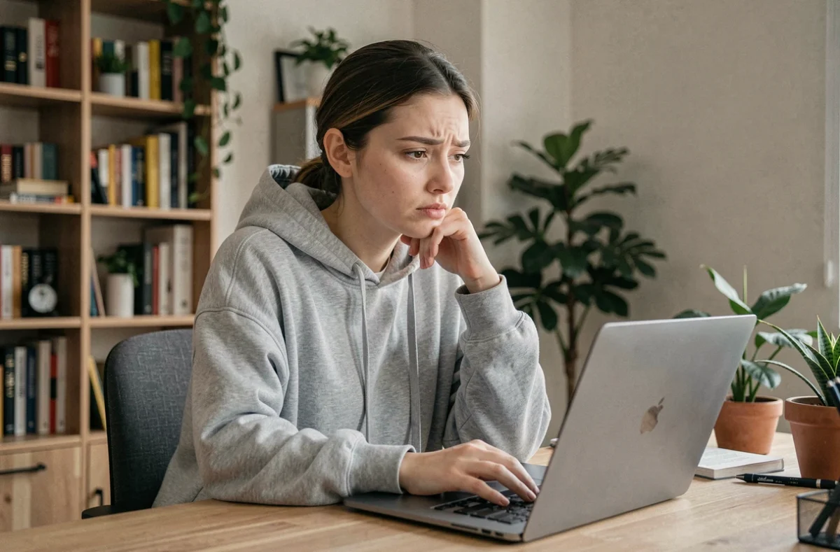 Jeune femme créatrice de contenu regardant son ordinateur portable avec une expression préoccupée, illustrant la question du respect de la vie privée en ligne