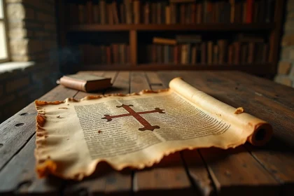 Manuscrit ancien sur parchemin avec une croix des Templiers dessinée à l'encre entourée d'inscriptions latines médiévales