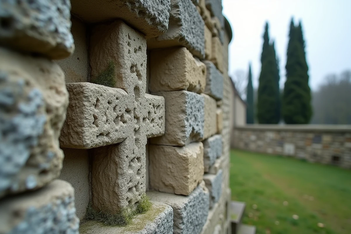Croix des Templiers sculptée dans la pierre d'une chapelle romane ancienne couverte de lichen en milieu rural