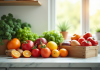 Plan de cuisine lumineuse avec fruits et légumes frais