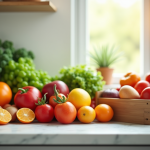 Conseils pour la conservation des fruits et légumes en V Plan de cuisine lumineuse avec fruits et légumes frais