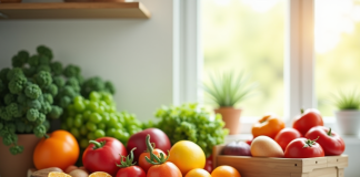 Plan de cuisine lumineuse avec fruits et légumes frais