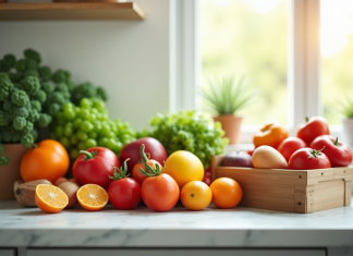 Plan de cuisine lumineuse avec fruits et légumes frais
