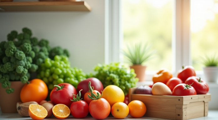 Conseils pour la conservation des fruits et légumes en V Plan de cuisine lumineuse avec fruits et légumes frais