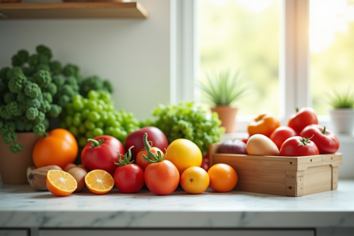 cuisine-fruits-legumes Plan de cuisine lumineuse avec fruits et légumes frais
