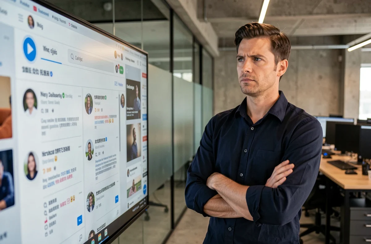 Homme dans un bureau moderne devant un écran affichant des réseaux sociaux floutés, symbolisant le débat sur les fuites de contenu numérique et les droits des créateurs