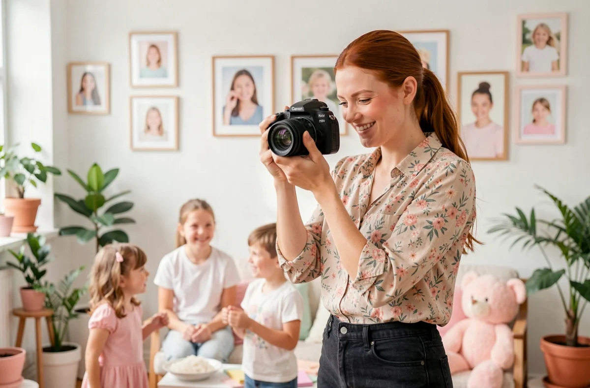 Photographe de Déclic Occinelle Photographie lors d'une séance famille dans un studio coloré du Tarn