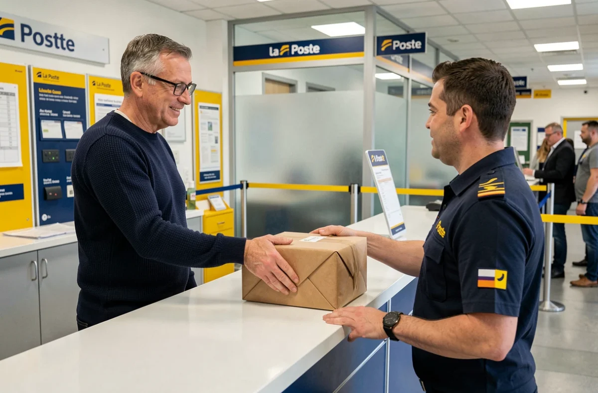 Client remettant un colis avec suivi à un employé au guichet d'un bureau de La Poste