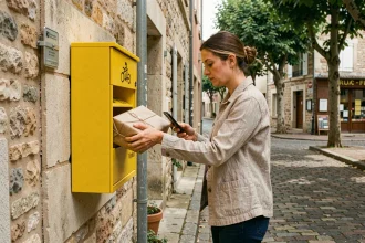 Femme déposant un colis Vinted dans un point relais en milieu rural, village français en arrière-plan