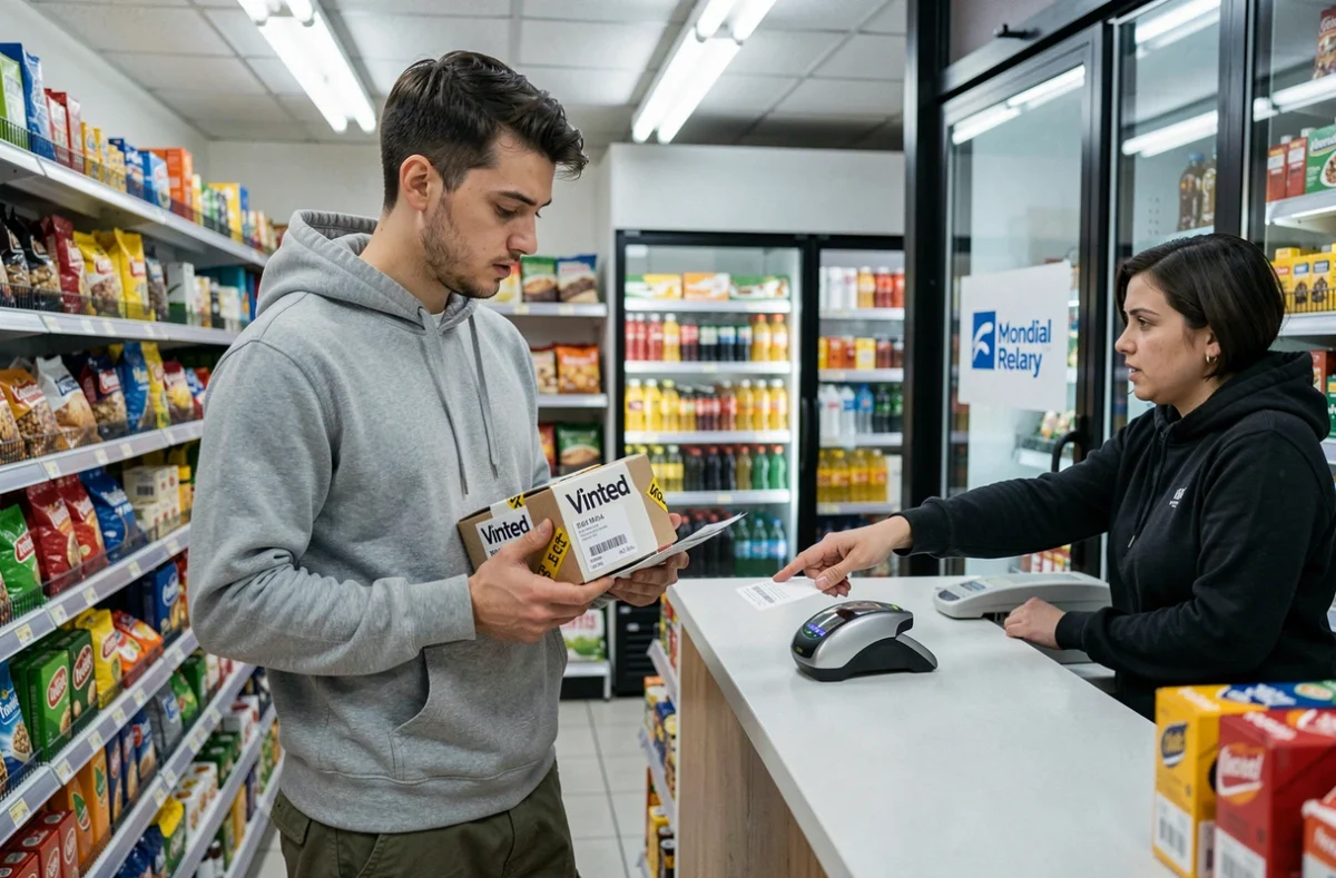 Jeune homme déposant un colis Vinted dans une boutique urbaine, interaction avec le commerçant au comptoir