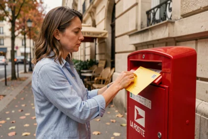 Femme déposant une enveloppe suivie dans une boîte aux lettres La Poste sur un trottoir parisien