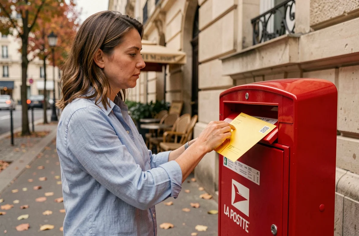 Femme déposant une enveloppe suivie dans une boîte aux lettres La Poste sur un trottoir parisien