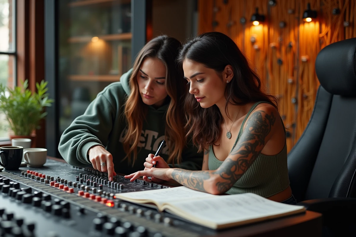 Deux artistes femmes collaborant sur une console de mixage analogique dans un studio d'enregistrement professionnel de musique techno