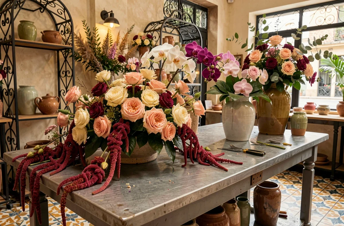 Boutique de décoration florale Diane C. Fleurs et Décoration à Perpignan avec une pièce maîtresse d'événement composée de roses, orchidées et amarante sur un plan de travail en acier