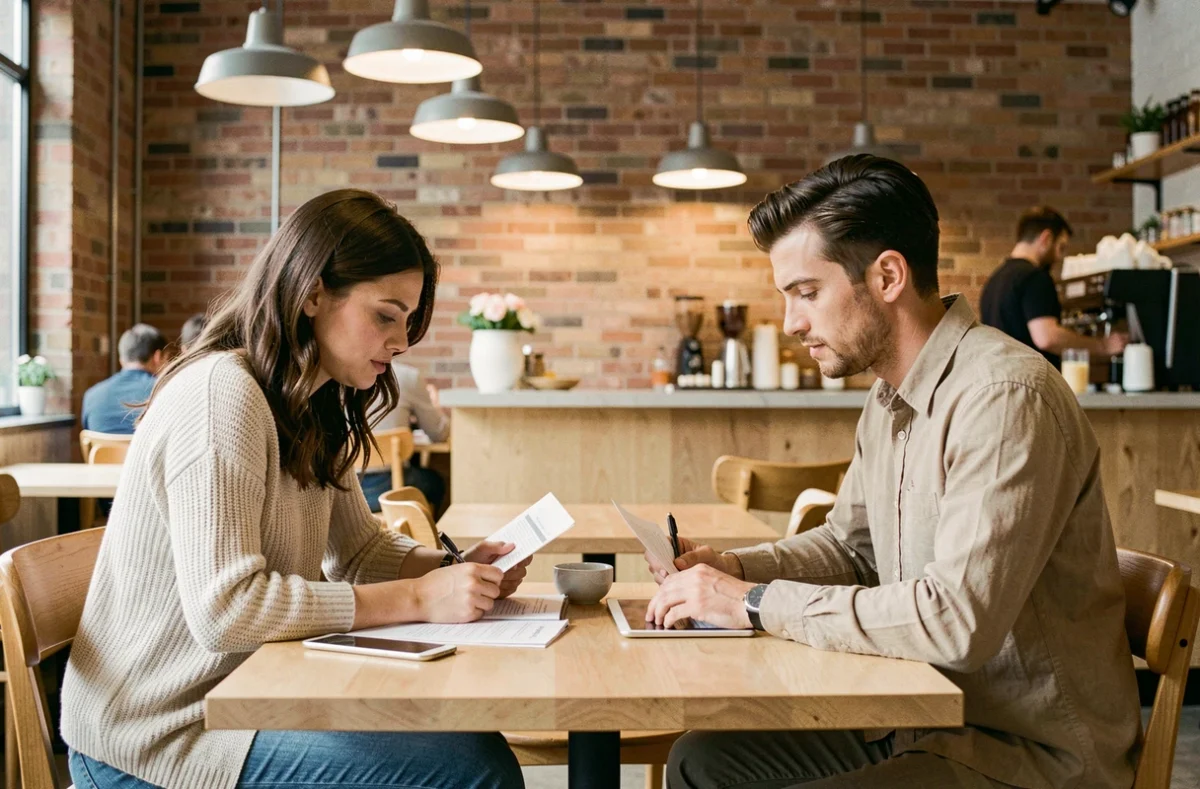 Deux professionnels discutant de documents dans un café urbain, évoquant le débat juridique et éthique autour du respect des créateurs de contenu et des fuites en ligne
