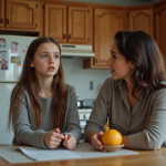 Conflits intergénérationnels : astuces pour mieux les gérer en famille Fille adolescente et mère en discussion dans la cuisine