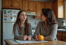 Conflits intergénérationnels : astuces pour mieux les gérer en famille Fille adolescente et mère en discussion dans la cuisine