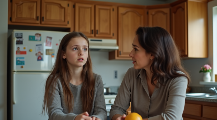 Conflits intergénérationnels : astuces pour mieux les gérer en famille Fille adolescente et mère en discussion dans la cuisine