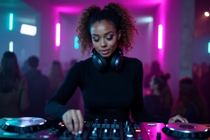 DJ femme aux cheveux bouclés derrière une console Pioneer dans un club techno underground aux reflets néon violet et sarcelle