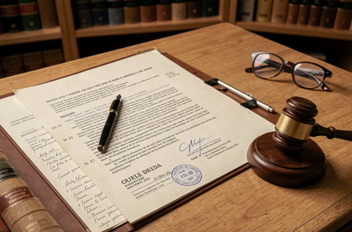 Dossier juridique annoté avec un gavel et des documents de tribunal en français sur un bureau de cabinet d'avocat, symbolisant le jugement de débouté