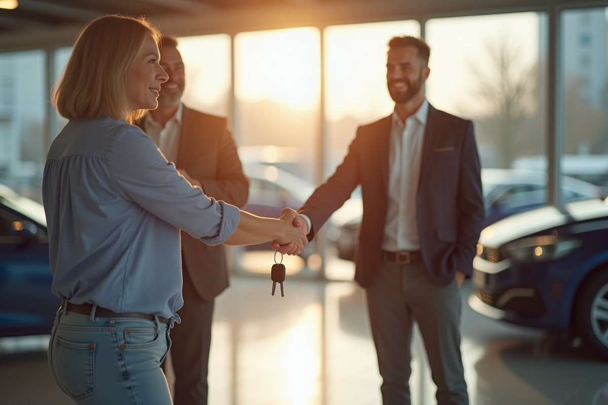 Deux personnes échangeant des clés de voiture dans une concession