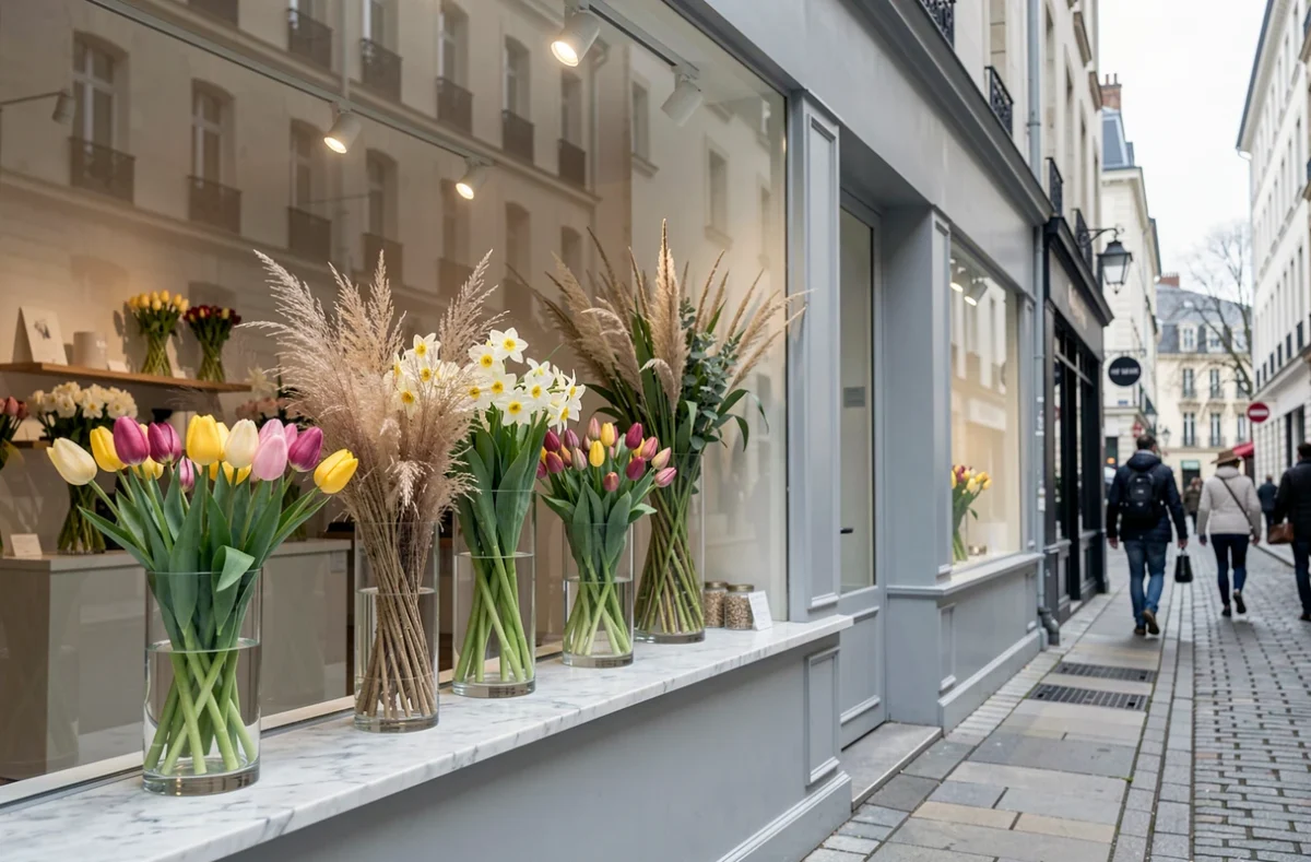 Vitrine élégante et minimaliste de la boutique Éclore Fleuriste à Toulouse avec des tulipes et narcisses dans des vases en verre sur un rebord en marbre