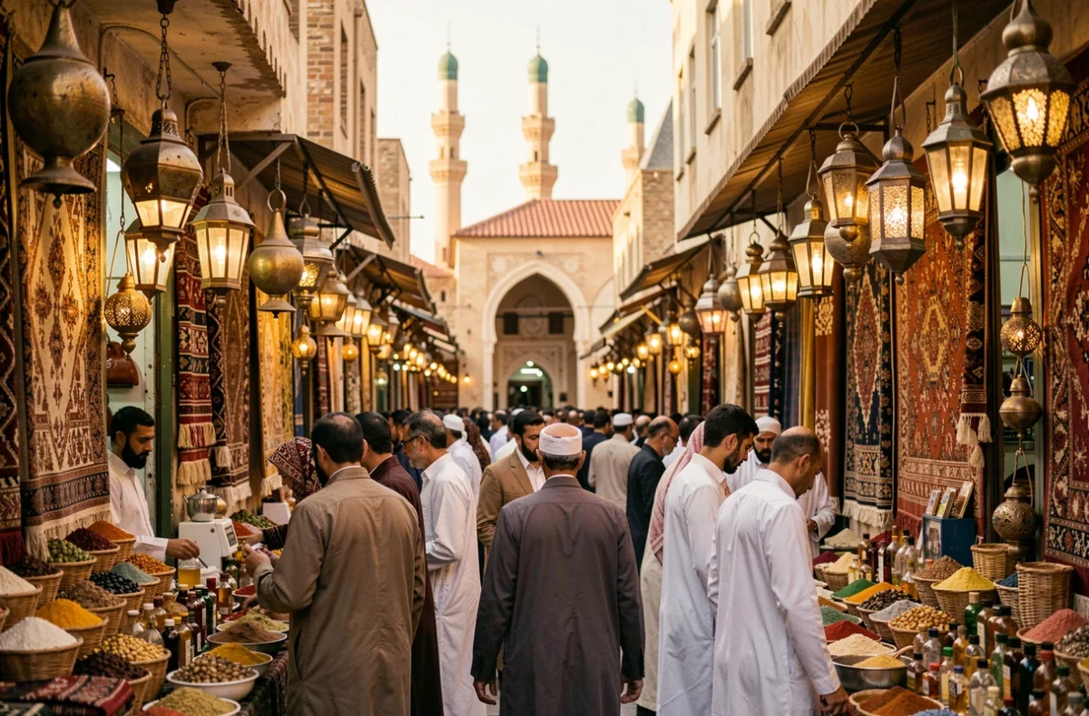 Le bazar Khan el-Khalili au Caire en Égypte avec des vendeurs et acheteurs dans des allées médiévales ornées de lanternes en laiton
