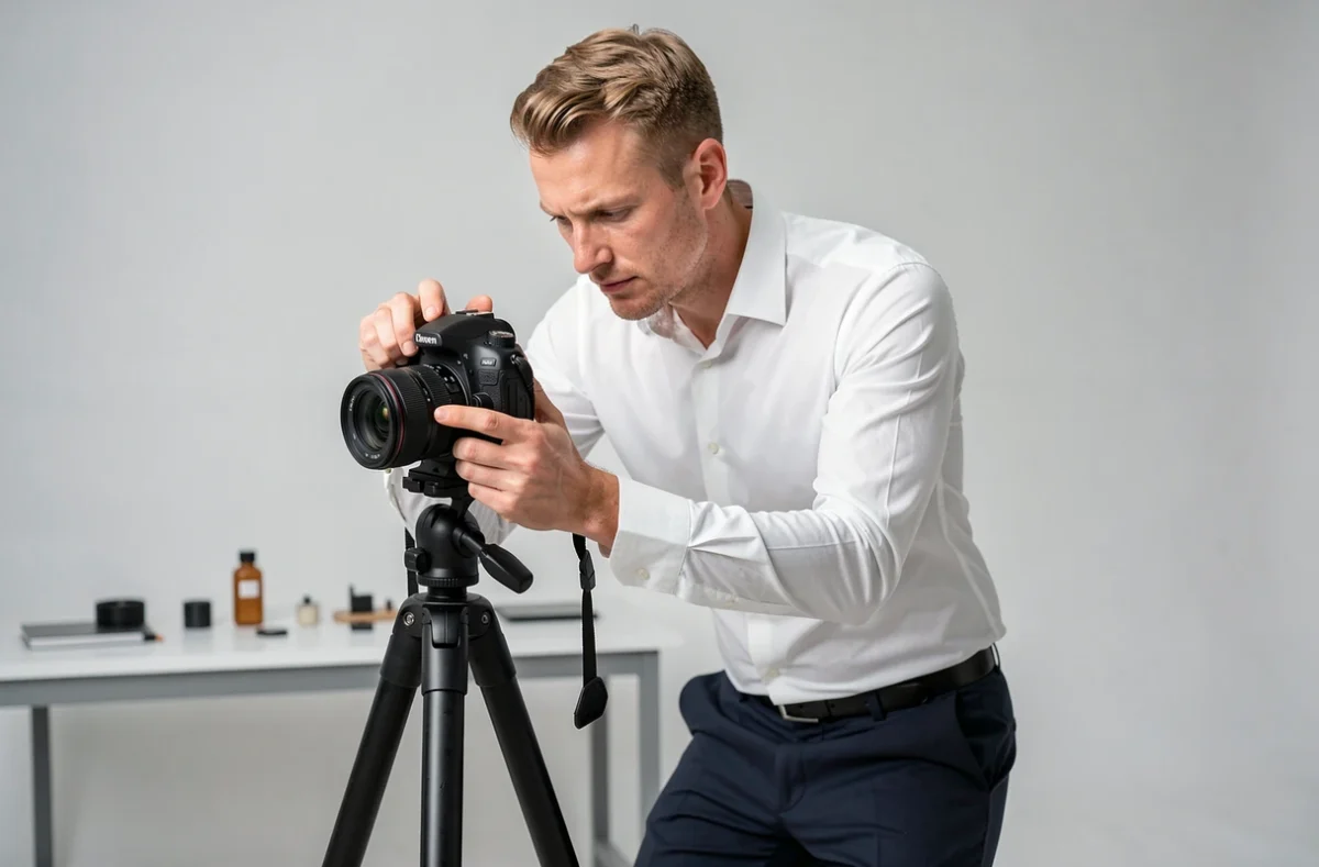 Photographe Element-Photo ajustant son appareil photo dans un studio minimaliste moderne