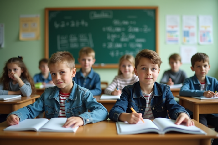 eleves-classe-maternelle Groupe d'élèves français en classe attentive