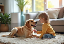 Jeune enfant caressant un chien dans le salon lumineux