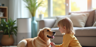 Jeune enfant caressant un chien dans le salon lumineux