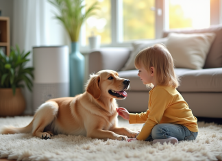 Jeune enfant caressant un chien dans le salon lumineux