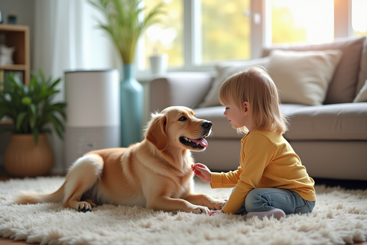 Jeune enfant caressant un chien dans le salon lumineux