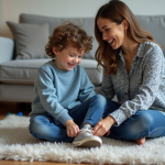 Gentillesse envers les enfants : comment la décrire avec justesse ? Jeune garçon assis sur un tapis de salon avec une femme qui lui noue les chaussures