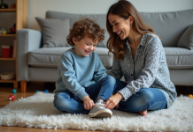 Gentillesse envers les enfants : comment la décrire avec justesse ? Jeune garçon assis sur un tapis de salon avec une femme qui lui noue les chaussures