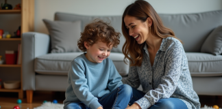 Gentillesse envers les enfants : comment la décrire avec justesse ? Jeune garçon assis sur un tapis de salon avec une femme qui lui noue les chaussures