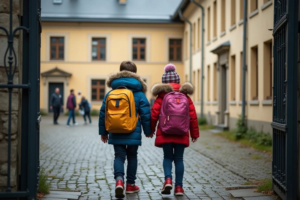 Enfants entrant dans une école primaire publique à Sarralbe, portant des cartables colorés devant une cour typique française