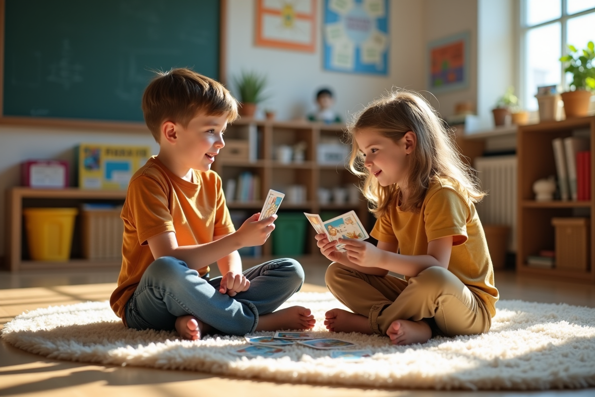 Deux enfants jouant à un jeu de cartes dans une classe lumineuse