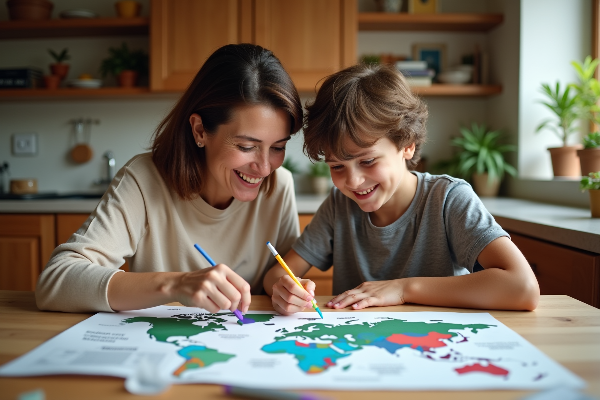 Femme et garçon avec carte SDG dans une cuisine chaleureuse