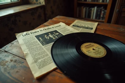 Vinyle des années 70 et coupures de presse jaunies sur un bureau en bois évoquant une enquête sur la mort de Mike Brant
