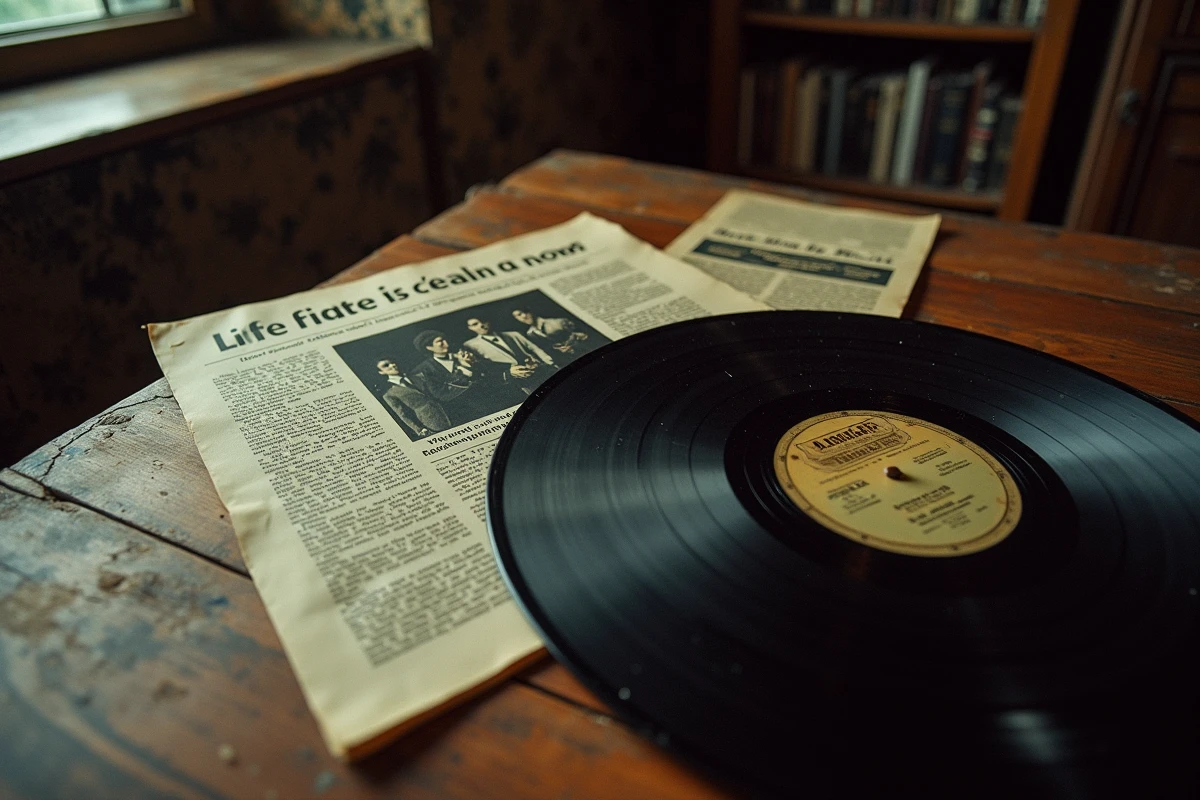 Vinyle des années 70 et coupures de presse jaunies sur un bureau en bois évoquant une enquête sur la mort de Mike Brant