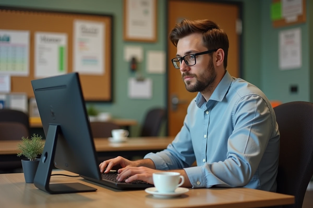 Jeune enseignant en salle de repos avec ordinateur et coll&egrave;gues